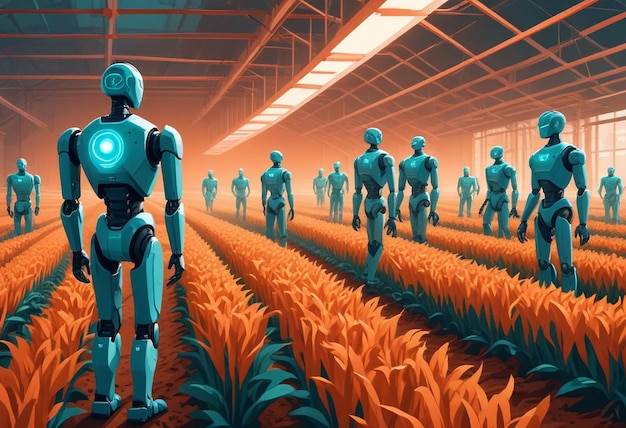 a line of robots are lined up in rows of orange flowers