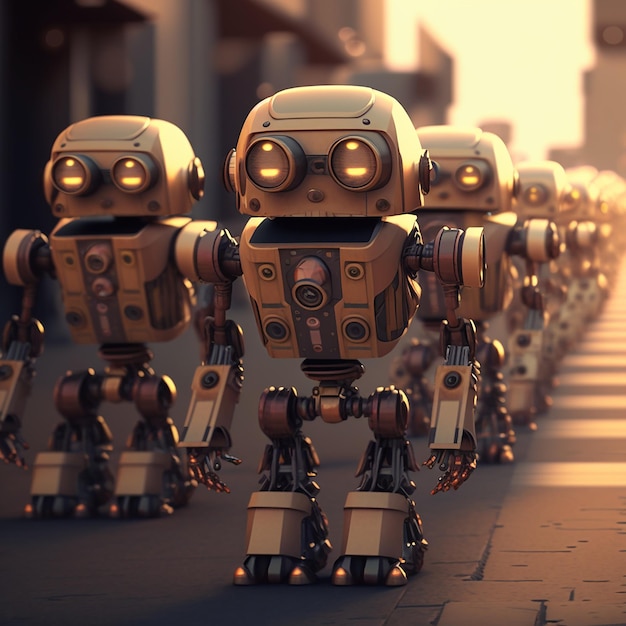 A line of robots are on a street with the word robot on the front.