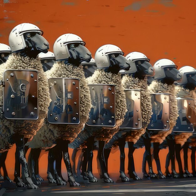 Photo a line of sheep with the number c on their helmets