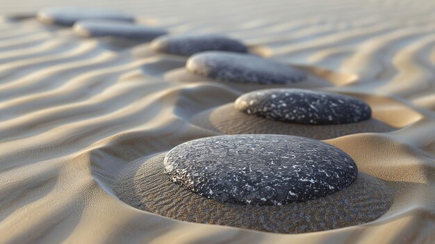 A line of smooth gray stones in the sand creating a path