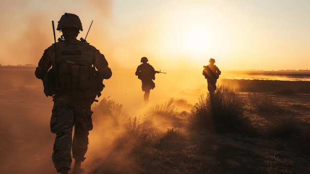 A line of soldiers strides purposefully through a dusty field at dawn wrapped in the golden hues of early morning light symbolizing courage and duty