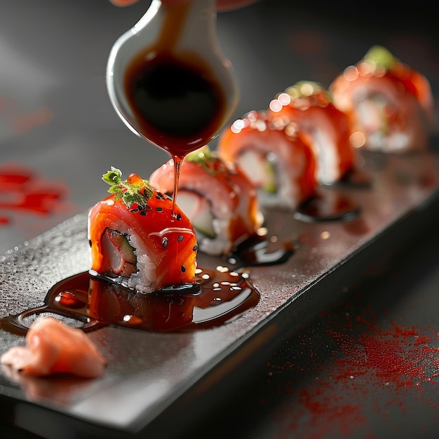 a line of sushi is being prepared on a table