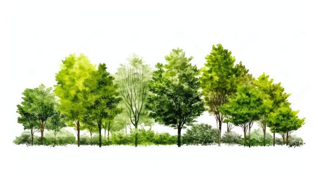 A line of trees with green leaves and a white background.