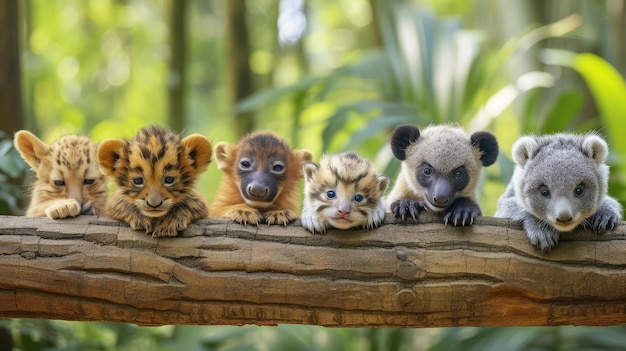 Photo a line up of cute animals leaning on a wooden log with jungle background