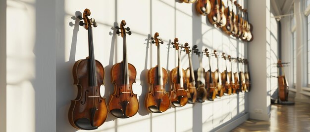 Photo a line of vintage violins display against a sundrenched wall in an elegant and serene exhibition setting