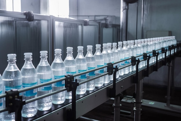 A line of water bottles on a conveyor belt