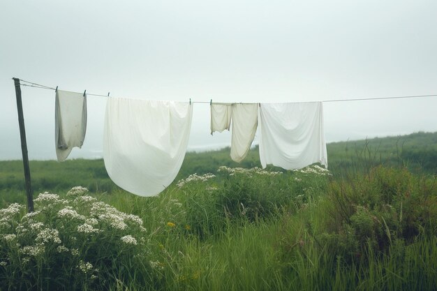 Photo a line of white clothes hanging on a clothesline in a grassy field