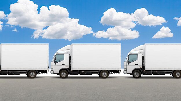 Photo a line of white semitrucks is parked in a lot at sunset with a bright orange sun peeking over the horizon