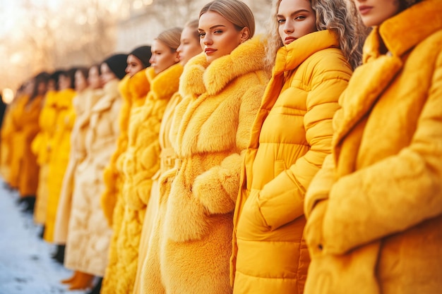 Photo a line of women in vibrant yellow coats standing in the snow capturing the contrast between the war