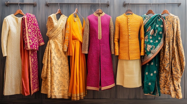 a line of womens saris are hanging on a hanger with a clothes hanging on a rack