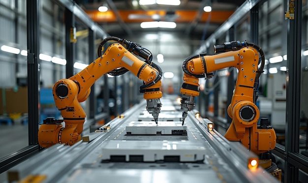 a line of yellow robots are being made by one that is being made by the company