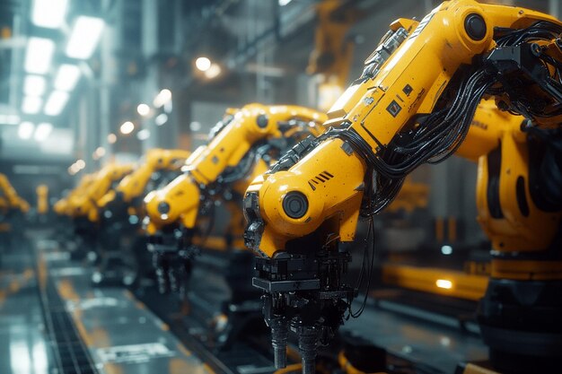 a line of yellow robots are lined up in a factory