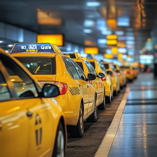 Photo a line of yellow taxis waiting at an airport terminal