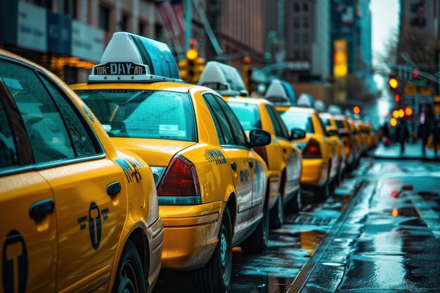 Photo a line of yellow taxis waiting on a rainy street in a bustling city during late afternoon rush hour