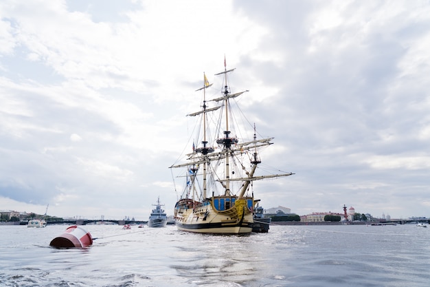 Linear frigate Poltava on the Neva river, the city center. 