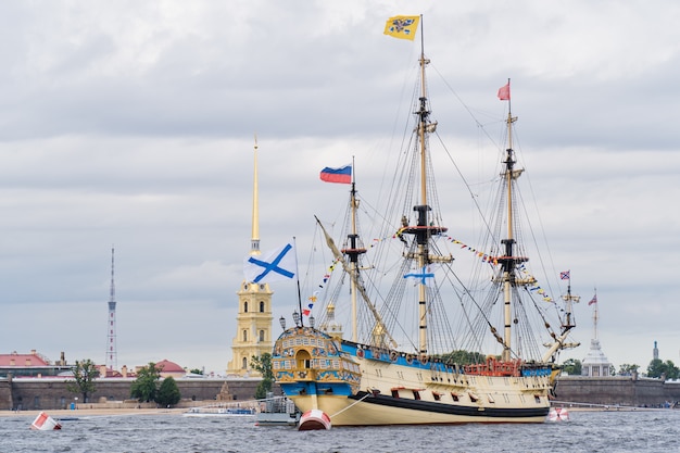 Linear frigate Poltava on the Neva river, the city center. 