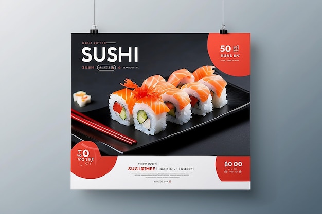 Photo linear modern sushi day special offer poster template