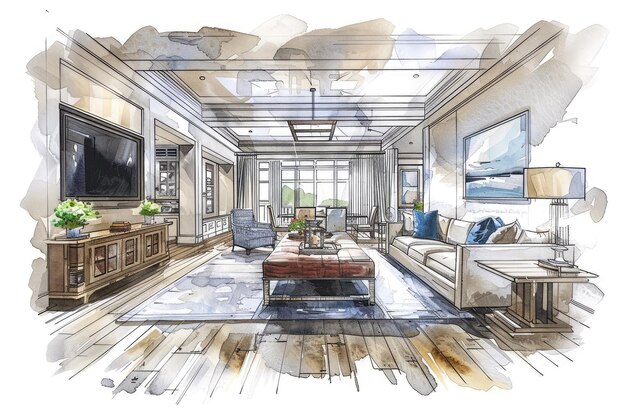 Linear sketch watercolor and pen of an interior Room plan interior Outline sketch drawing perspective