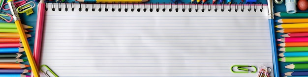 Lined paper with double border of colorful school supplies