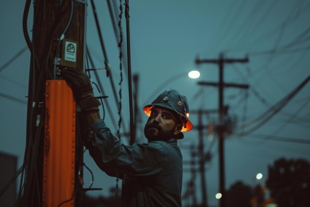 Photo lineman working on a power pole at night