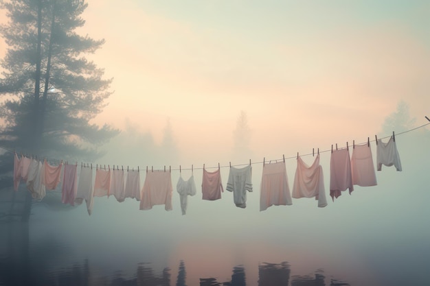 Linen and clothes hanging on rope in fog over lake Generative AI