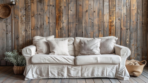 Photo a linencovered sofa adorned with pillows against a rustic wooden wall in a sunlit living room