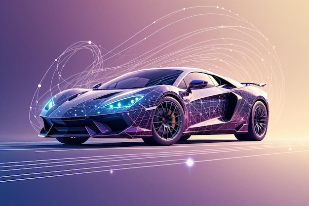 Lines surround a 3D rendering of the futuristic car that makes up purple