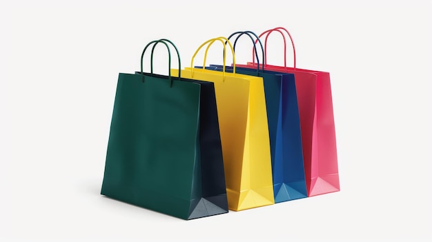 A lineup of brightly colored shopping bags with cord handles stands against a white background representing a variety of purchases or gifts