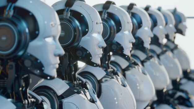 A lineup of futuristic robotic faces profiled in diminishing perspective