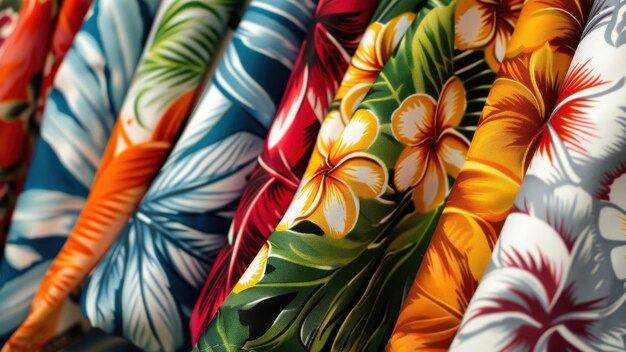 lineup of Hawaiianstyle shirts adorned with colorful flowers