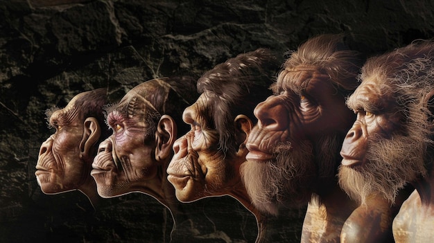 Photo a lineup of hominid skulls from left to right australopithecus homo habilis homo erectus homo neanderthalensis and homo sapiens