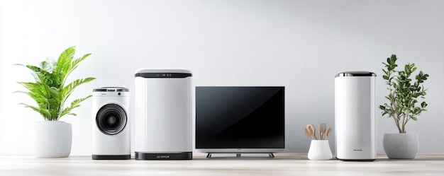 Photo a lineup of modern home appliances including a washing machine and television on a minimalist desk with plants ideal for home decor themes