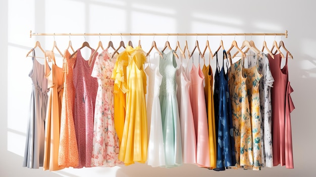 Lineup of summer fashion dresses on hangers showcasing diversity in contemporary women