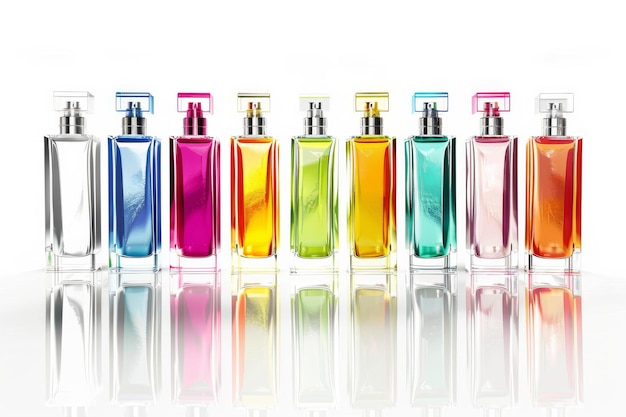 Photo a lineup of vibrant perfume bottles creates a colorful symmetrical display their reflections shimmering on a glossy surface