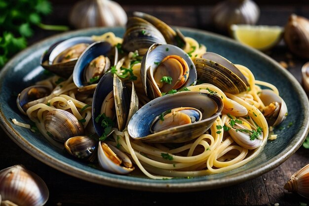 Linguine alle Vongole adorned with clams and garlic