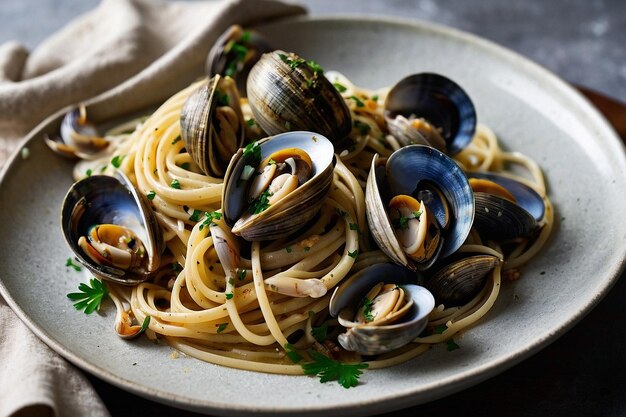 Linguine alle Vongole adorned with clams and garlic