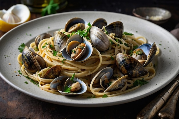 Linguine alle Vongole adorned with clams and garlic