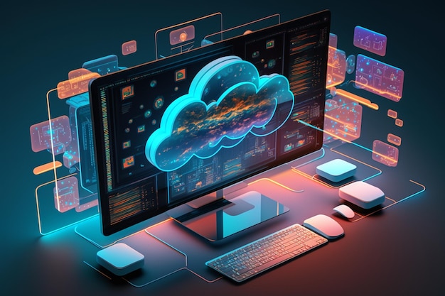 Linking computer to cloud with server connection Online cloud storage contact computing Devices connected to storage in the data center tablet phone home devices with online