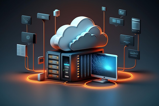 Linking computer to cloud with server connection Online cloud storage contact computing Devices connected to storage in the data center tablet phone home devices with online