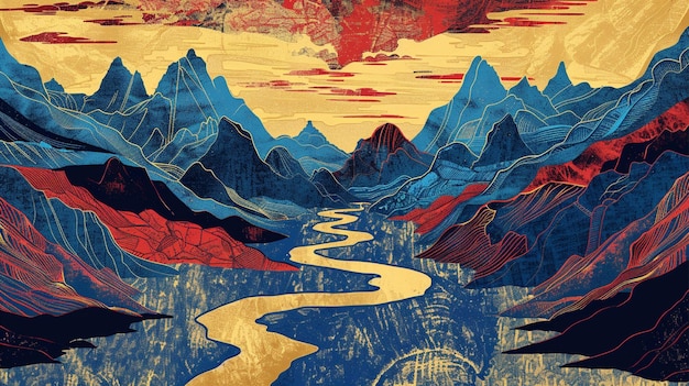 lino cut of mountains and river with a blue and red background