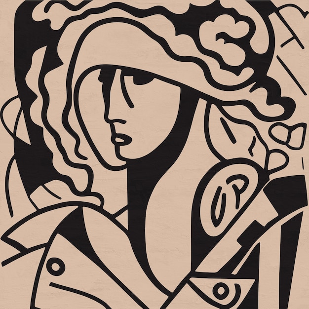 Linocut Portrait of a Woman Cute Girl Line Art