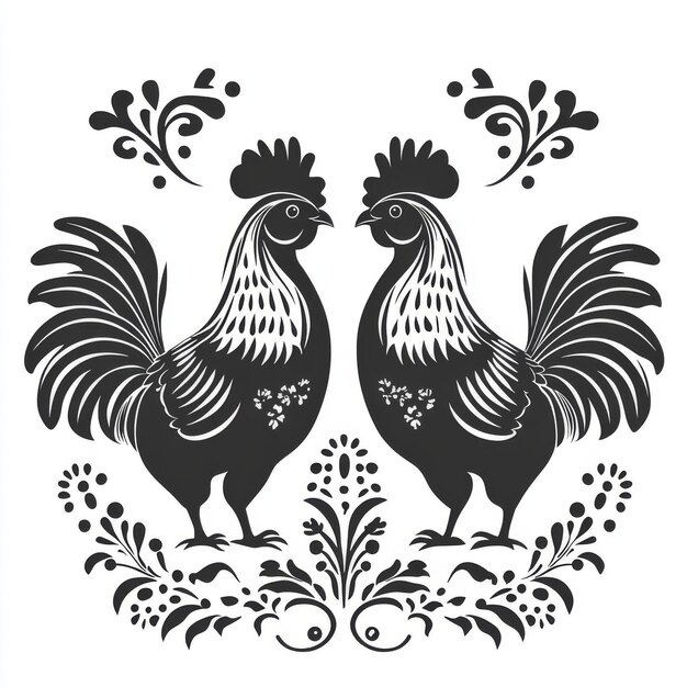 Photo linocut rooster black silhouette modern illustration of chickens and cocks