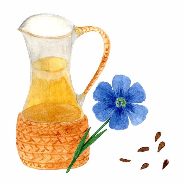 Linseed oil flax flowers and seeds Healthy food diet and cosmetic products Isolated on white background watercolor drawing