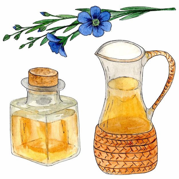 Linseed oil flax flowers and seeds Healthy food diet and cosmetic products Isolated on white background watercolor drawing