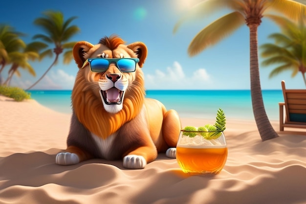 Lion on the beach with sunglasses and a cocktail