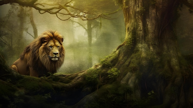 The lion next to the big tree was looking around generated ai