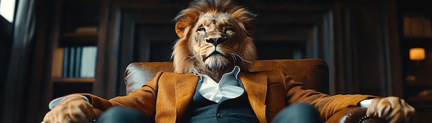 Photo a lion in a business suit sitting confidently in a modern office blending power and professionalism