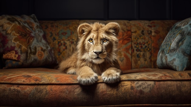 A lion on a couch in a dark room