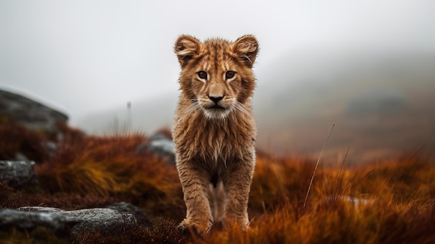 Lion cub on a foggy day