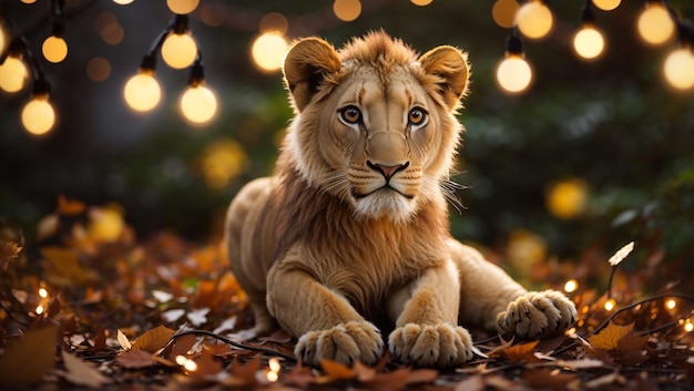 a lion cub is laying on the ground in front of a christmas tree